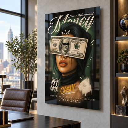 Money Cash kadın portresi dikey cam tablo premium ofis mockup