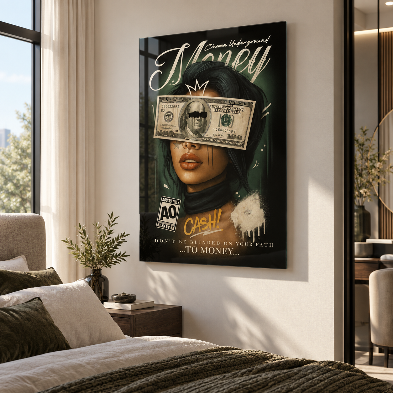 Money Cash kadın portresi dikey cam tablo premium yatak odası mockup