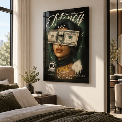 Money Cash kadın portresi dikey cam tablo premium yatak odası mockup