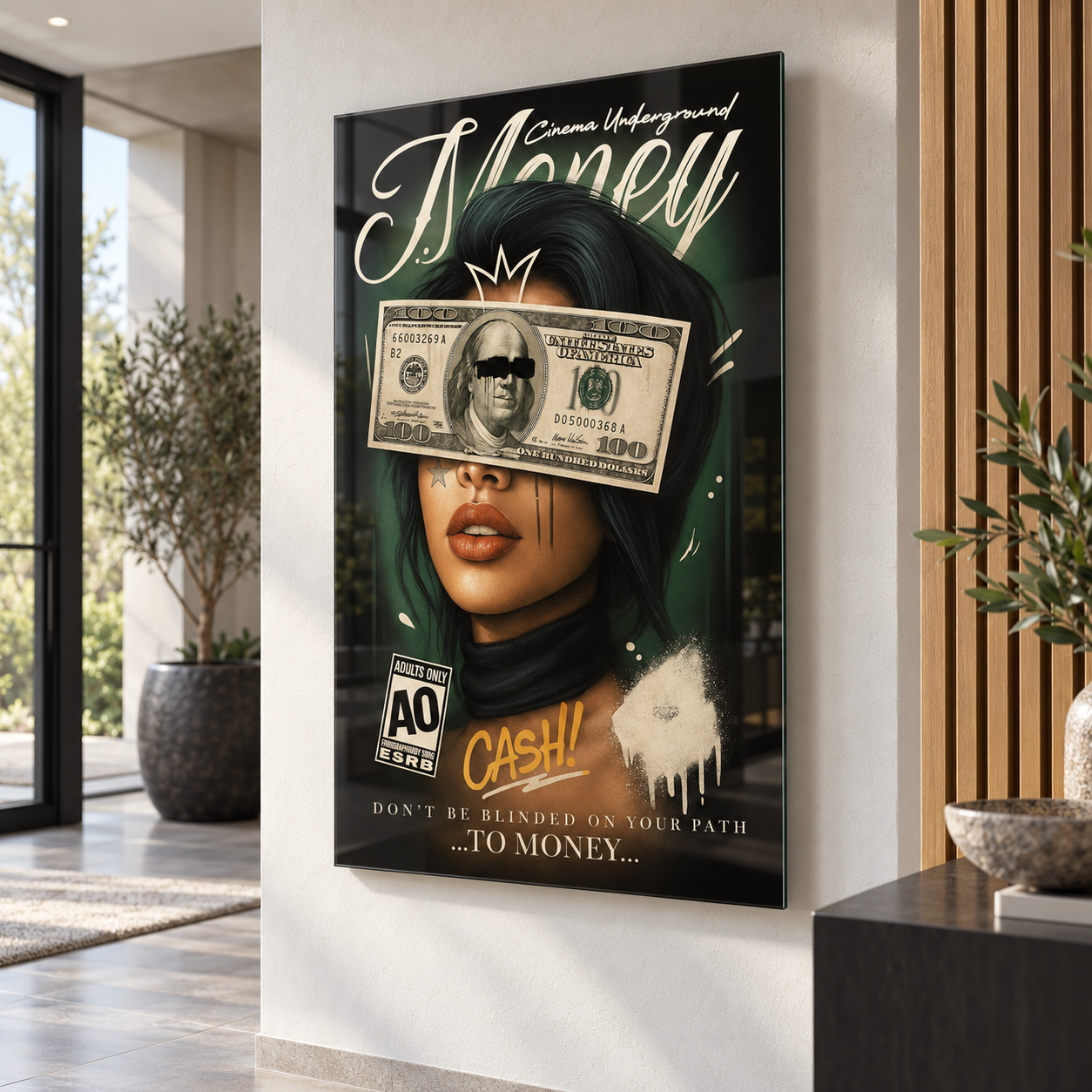 Money Cash kadın portresi dikey cam tablo modern giriş holü mockup