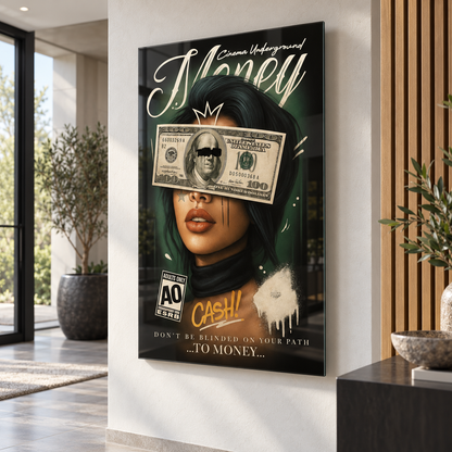 Money Cash kadın portresi dikey cam tablo modern giriş holü mockup