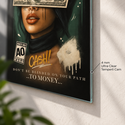 Money Cash kadın portresi dikey cam tablo 4 mm Ultra Clear temperli cam kenar detayı
