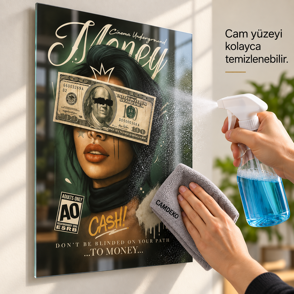 Money Cash kadın portresi dikey cam tablo kolay temizlenen cam yüzey detayı