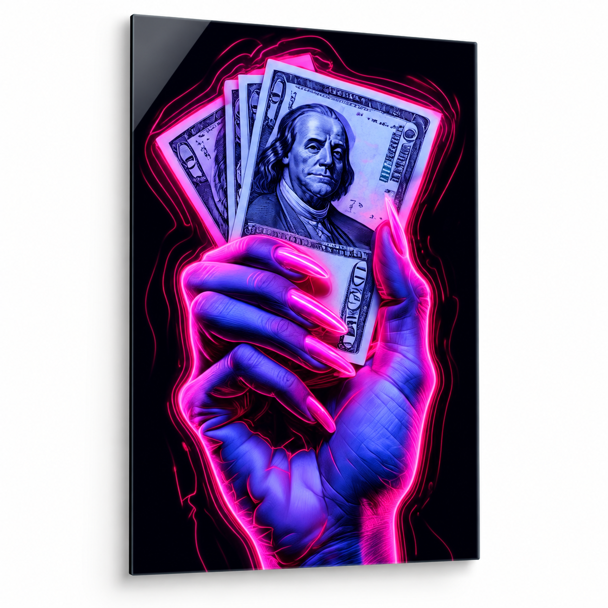 Neon pembe ve mor dolar tutan el dikey cam tablo, beyaz zeminde birinci vitrin görünümü