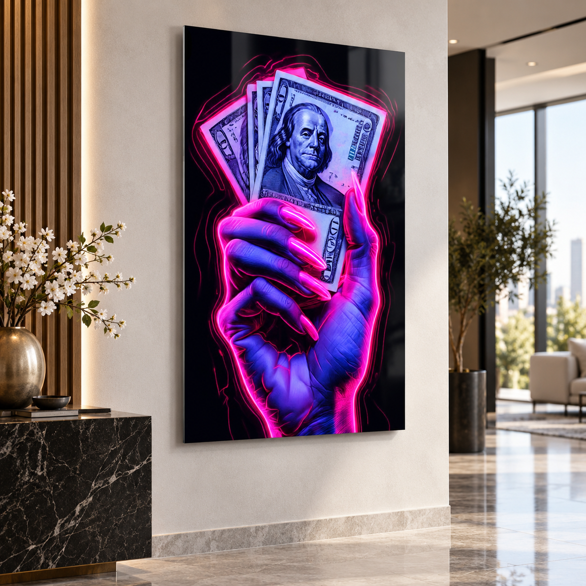 Neon dolar tutan el dikey cam tablonun mermer ve ahşap detaylı modern giriş holünde görünümü