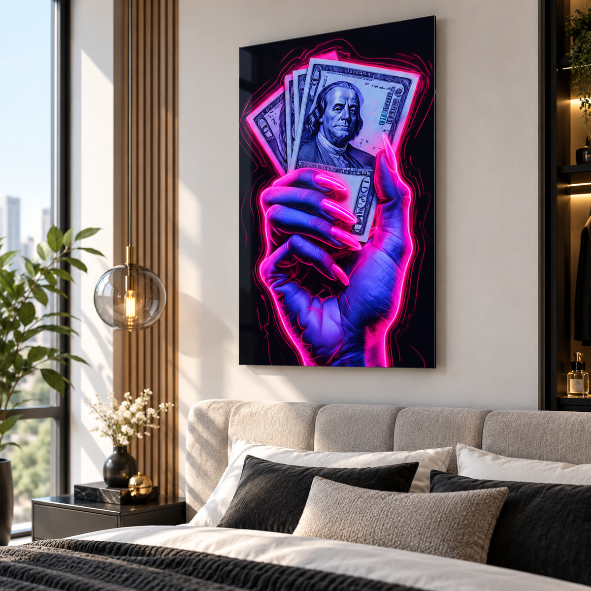 Neon pembe mor dolar tutan el dikey cam tablonun gün ışıklı modern yatak odasında örnek sunumu