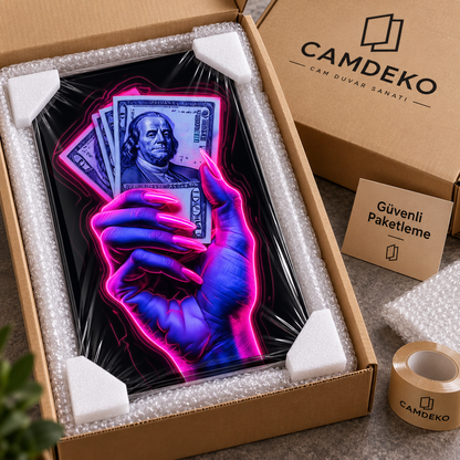 Neon dolar tutan el dikey cam tablo, köşe koruyucular ve koruyucu ambalajla sağlam kutuda güvenli paketleme