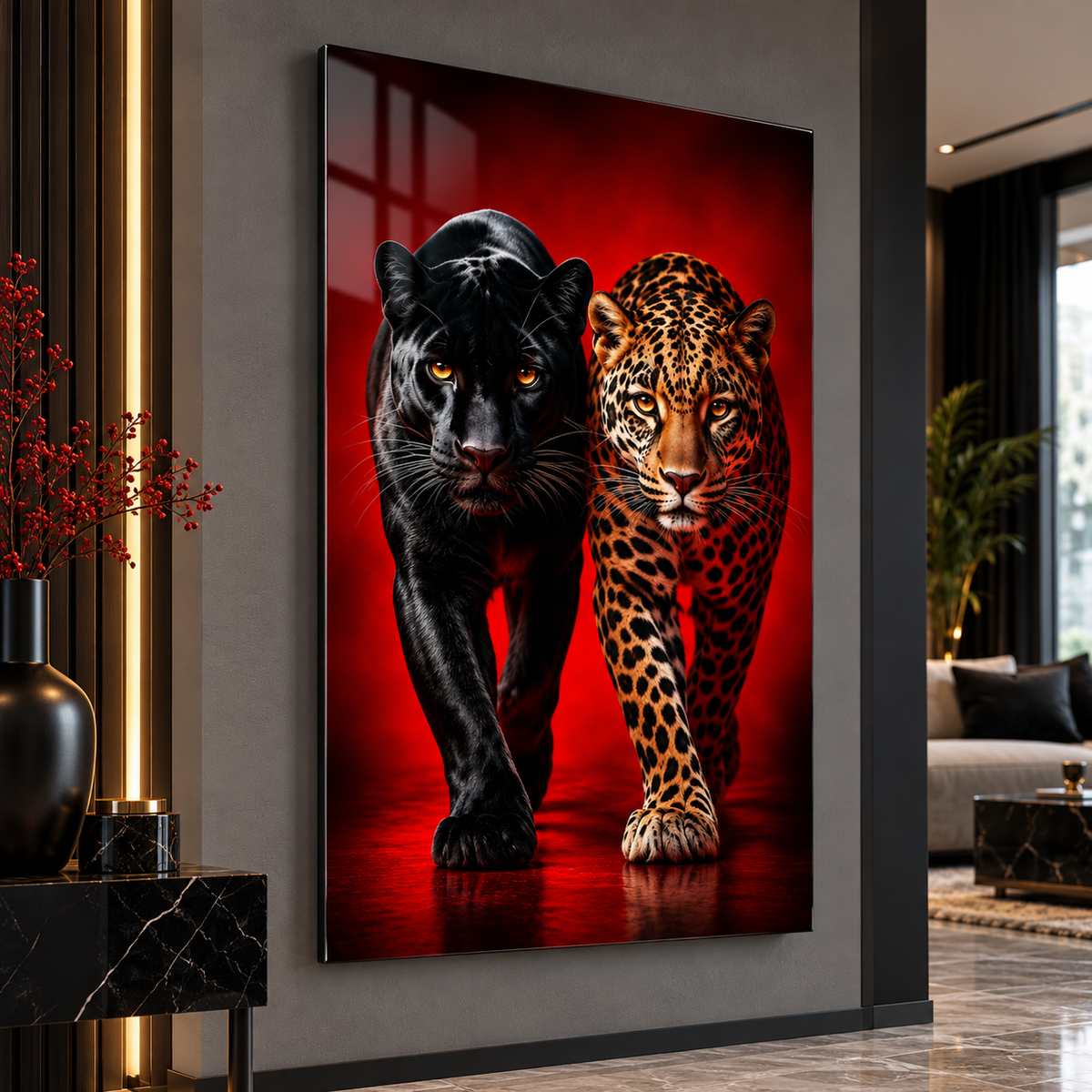 Siyah Panter ve Leopar Dikey Cam Tablo revize görsel 4
