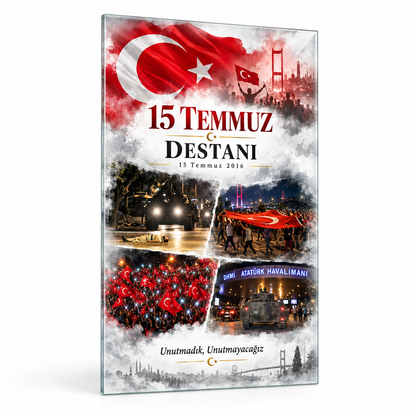 15 Temmuz Destanı dikey cam tablo, beyaz zeminde birinci vitrin görünümü