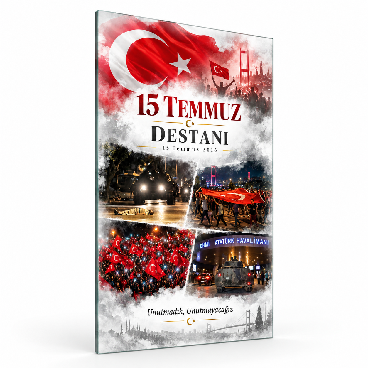 15 Temmuz Destanı dikey cam tablo, beyaz zeminde ikinci açıdan vitrin görünümü