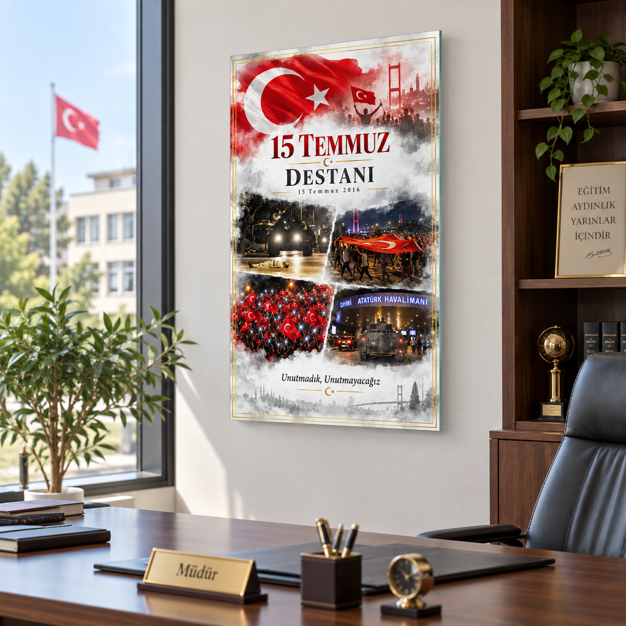 15 Temmuz Destanı dikey cam tablonun okul müdürü odasında örnek sergilenmesi