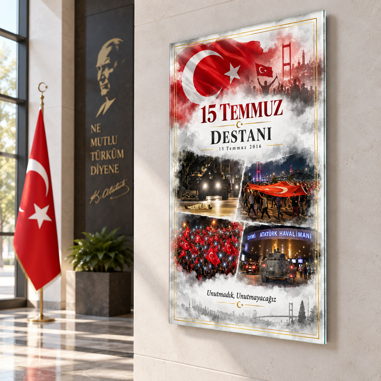 15 Temmuz Destanı dikey cam tablonun resmî kurum giriş holünde örnek sergilenmesi