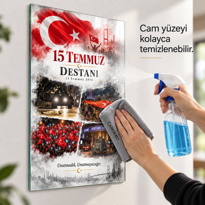 15 Temmuz Destanı dikey cam tablonun cam yüzeyinde sprey ve bezle temizlik uygulaması