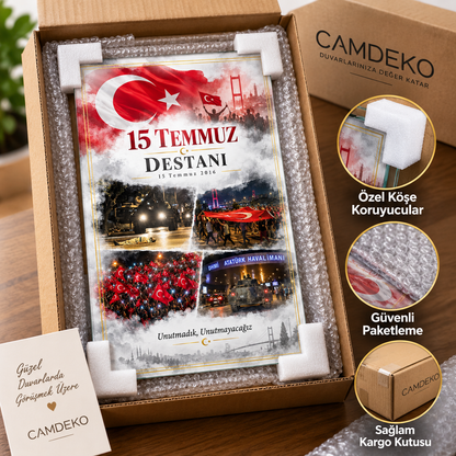 15 Temmuz Destanı dikey cam tablo, köşe koruyucular ve koruyucu ambalajla sağlam kutuda paketleme