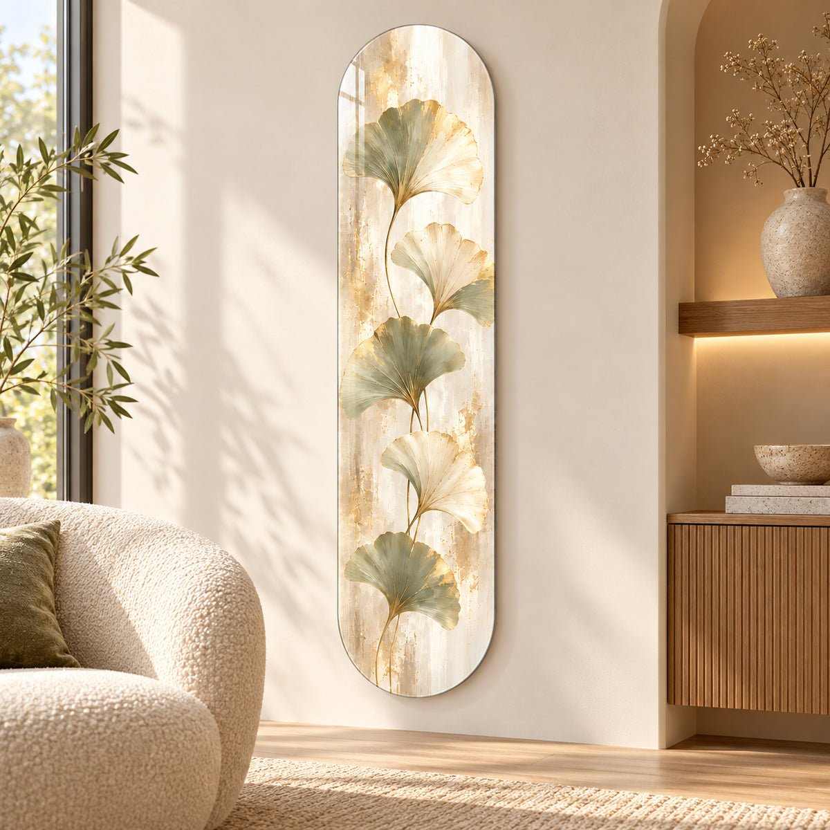 Adaçayı Ginkgo Dikey Kaykay Cam Tablo — Salon dekorasyonu