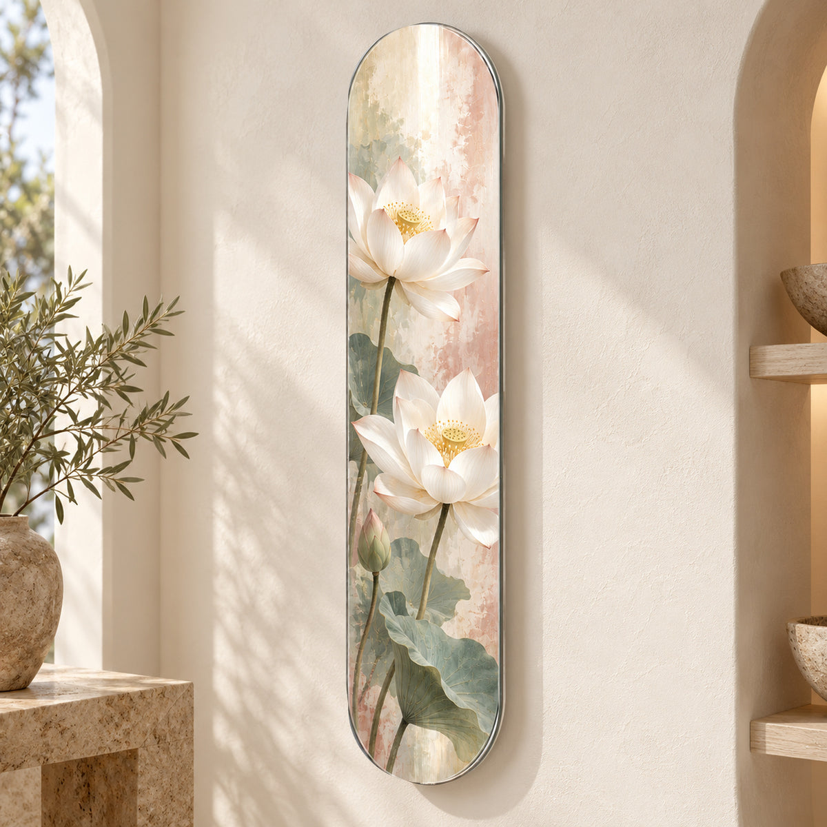Lotus Bahçesi Dikey Kaykay Cam Tablo — Yüzer montaj ve duvar mesafesi