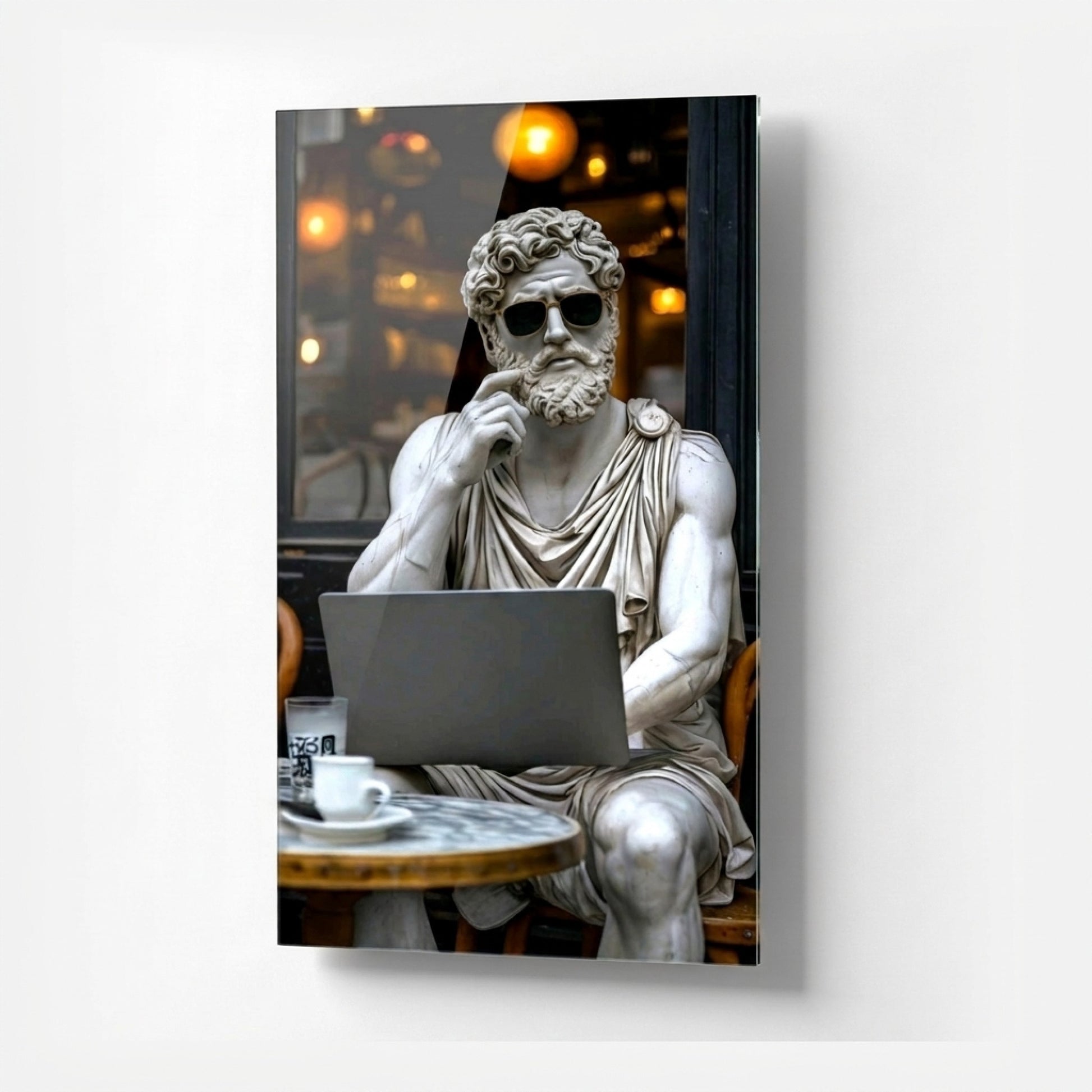 Gözlüklü ve Laptoplu Antik Heykel Sanat Baskısı Dikey Cam Tablo