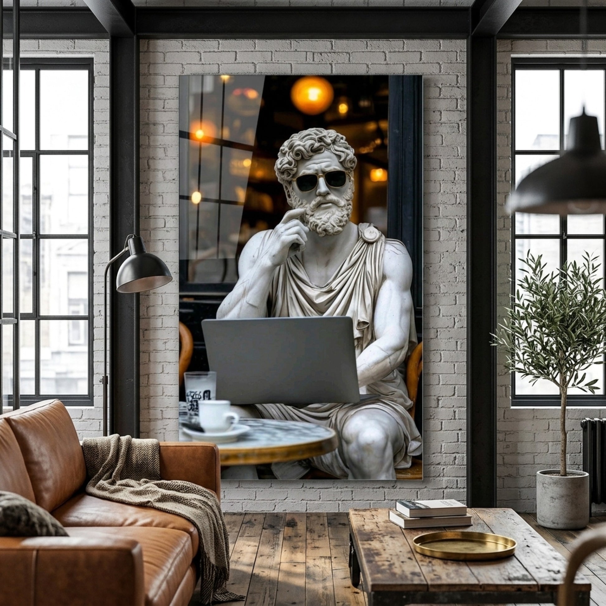 Gözlüklü ve Laptoplu Antik Heykel Sanat Baskısı Dikey Cam Tablo