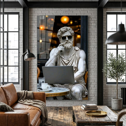 Gözlüklü ve Laptoplu Antik Heykel Sanat Baskısı Dikey Cam Tablo