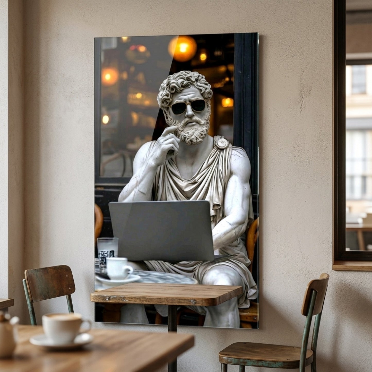 Gözlüklü ve Laptoplu Antik Heykel Sanat Baskısı Dikey Cam Tablo