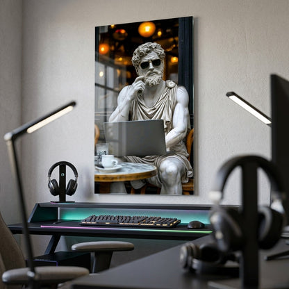 Gözlüklü ve Laptoplu Antik Heykel Sanat Baskısı Dikey Cam Tablo