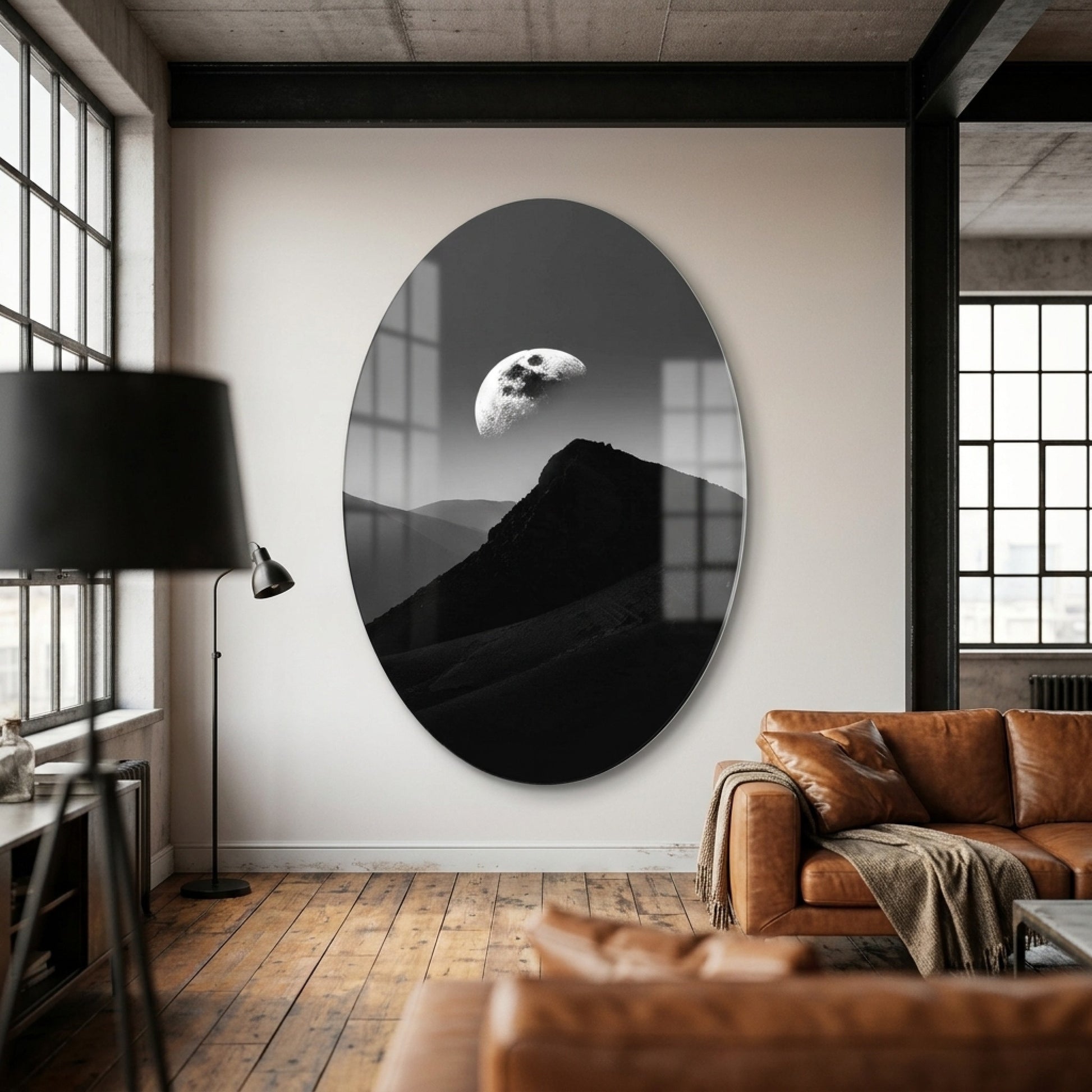Gökisigi ve Karanlık Dağ Silueti Sanat Oval Dikey Cam Tablo