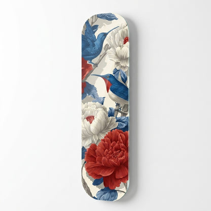 Mavi Kuşlar Kırmızı Beyaz Çiçekli Duvar Skate Board Cam Tablo