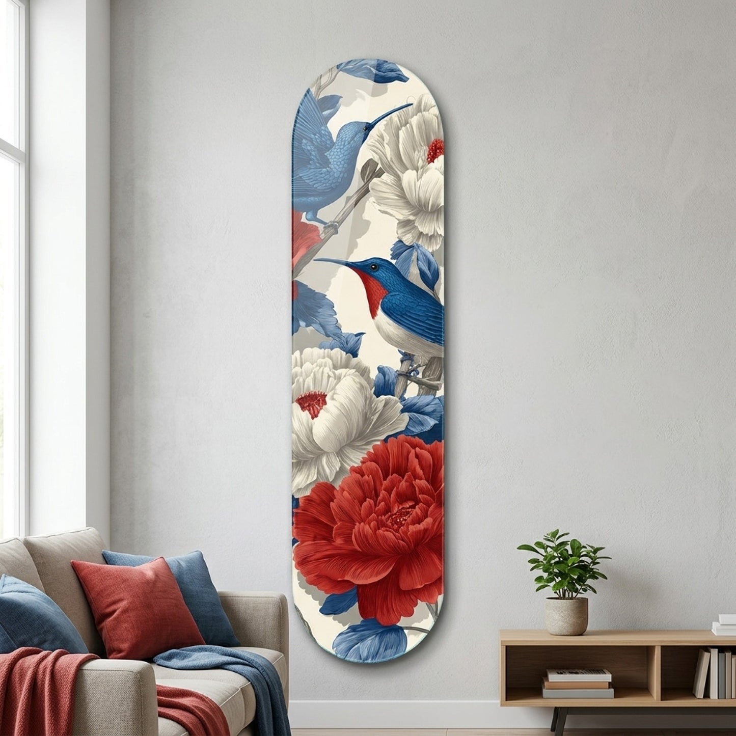 Mavi Kuşlar Kırmızı Beyaz Çiçekli Duvar Skate Board Cam Tablo
