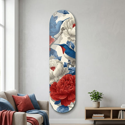 Mavi Kuşlar Kırmızı Beyaz Çiçekli Duvar Skate Board Cam Tablo
