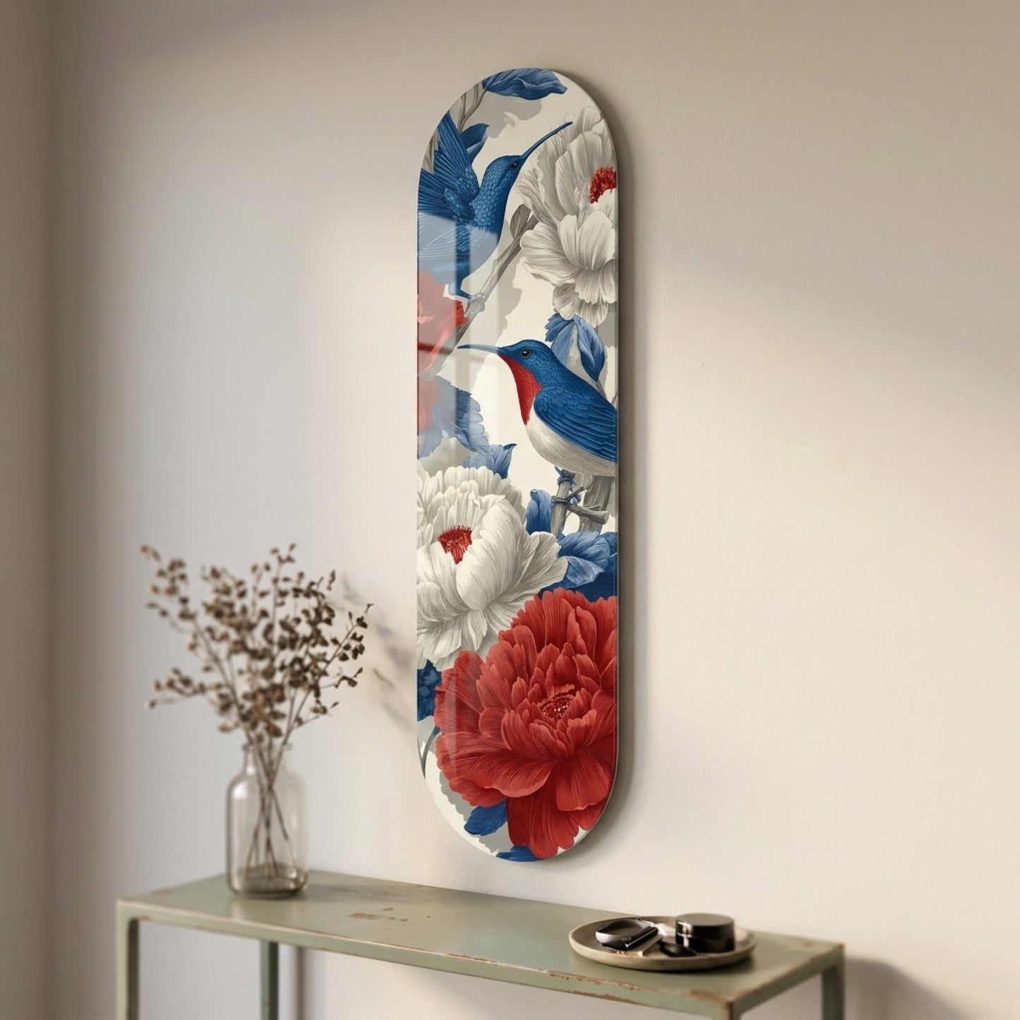 Mavi Kuşlar Kırmızı Beyaz Çiçekli Duvar Skate Board Cam Tablo