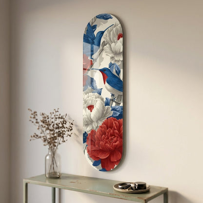 Mavi Kuşlar Kırmızı Beyaz Çiçekli Duvar Skate Board Cam Tablo