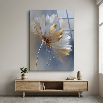 Modern Altın Hindiba Sanat Eseri Dikey Cam Tablo