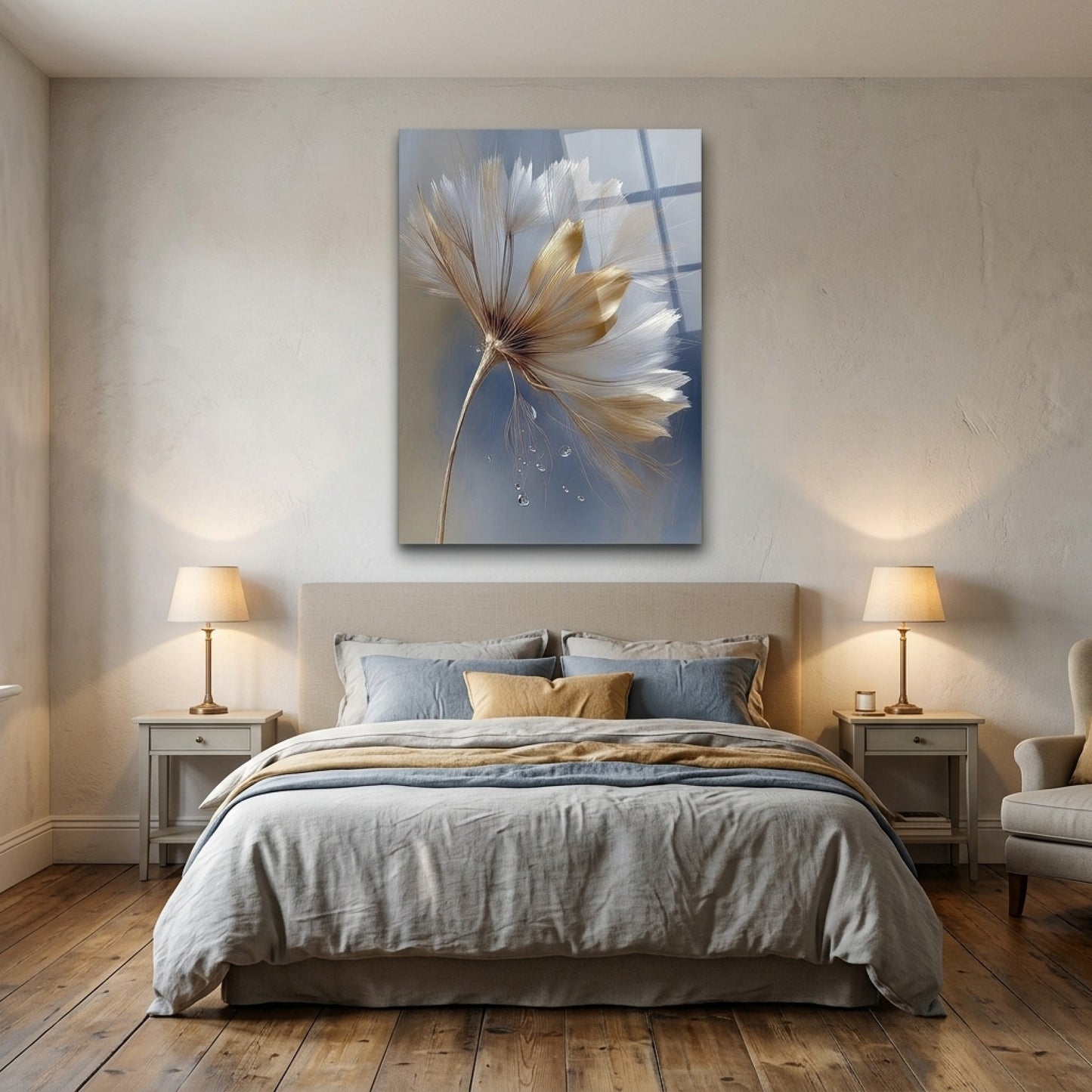 Modern Altın Hindiba Sanat Eseri Dikey Cam Tablo
