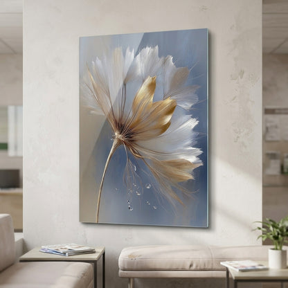 Modern Altın Hindiba Sanat Eseri Dikey Cam Tablo