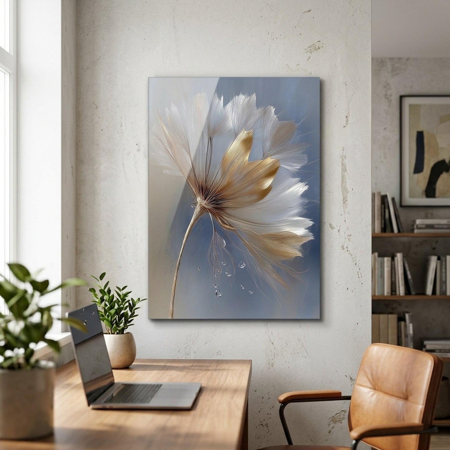 Modern Altın Hindiba Sanat Eseri Dikey Cam Tablo