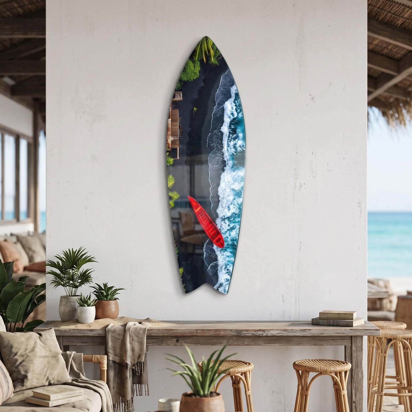 Tropikal Siyah Kum Sahili ve Kırmızı Tekne Surf Board Cam Tablo