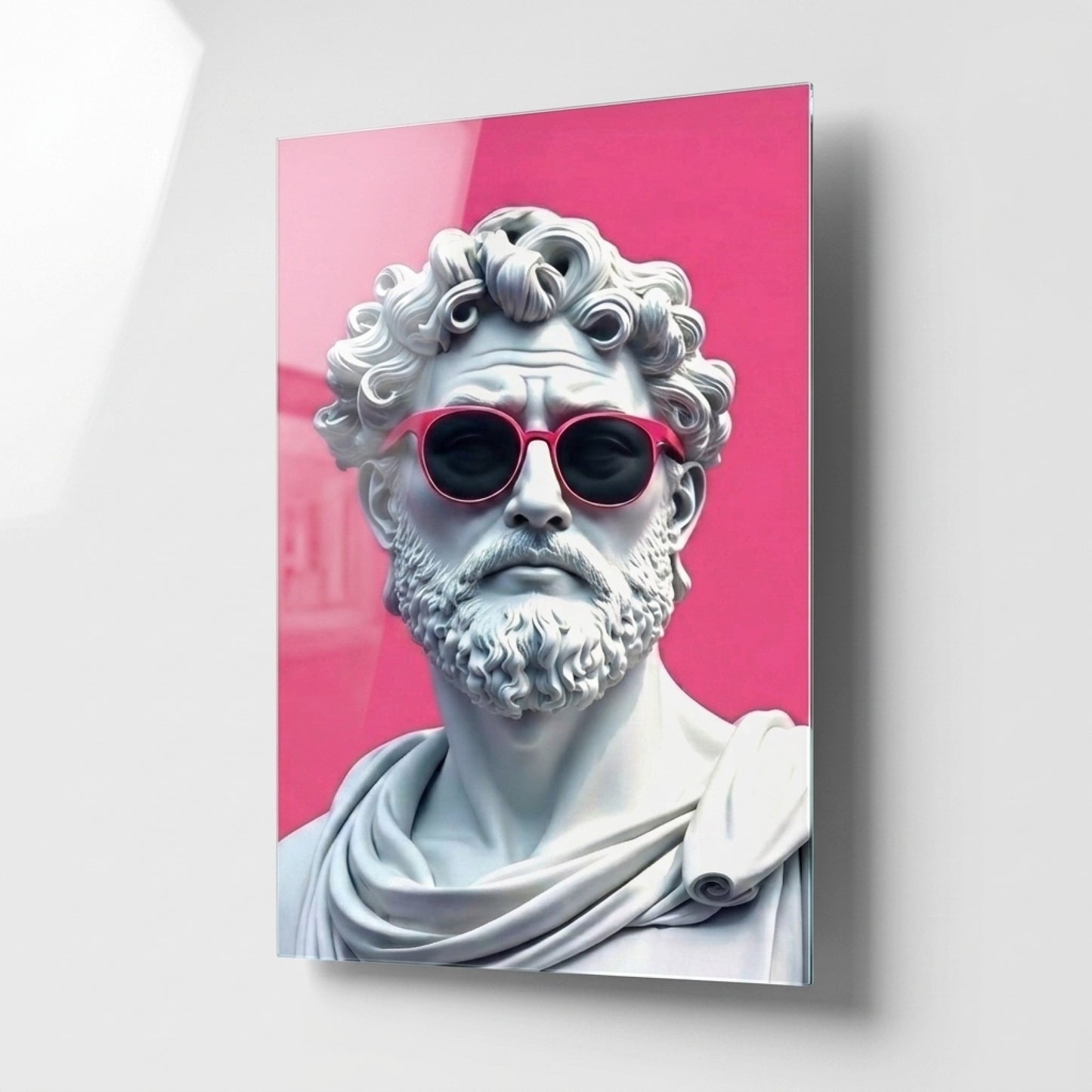 Modern Pembe Gözlüklü Klasik Heykel Dikey Cam Tablo