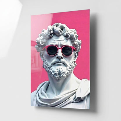 Modern Pembe Gözlüklü Klasik Heykel Dikey Cam Tablo