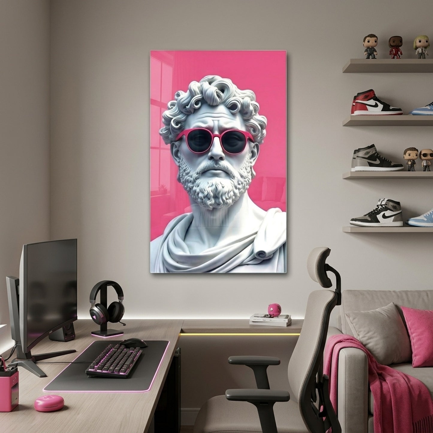 Modern Pembe Gözlüklü Klasik Heykel Dikey Cam Tablo