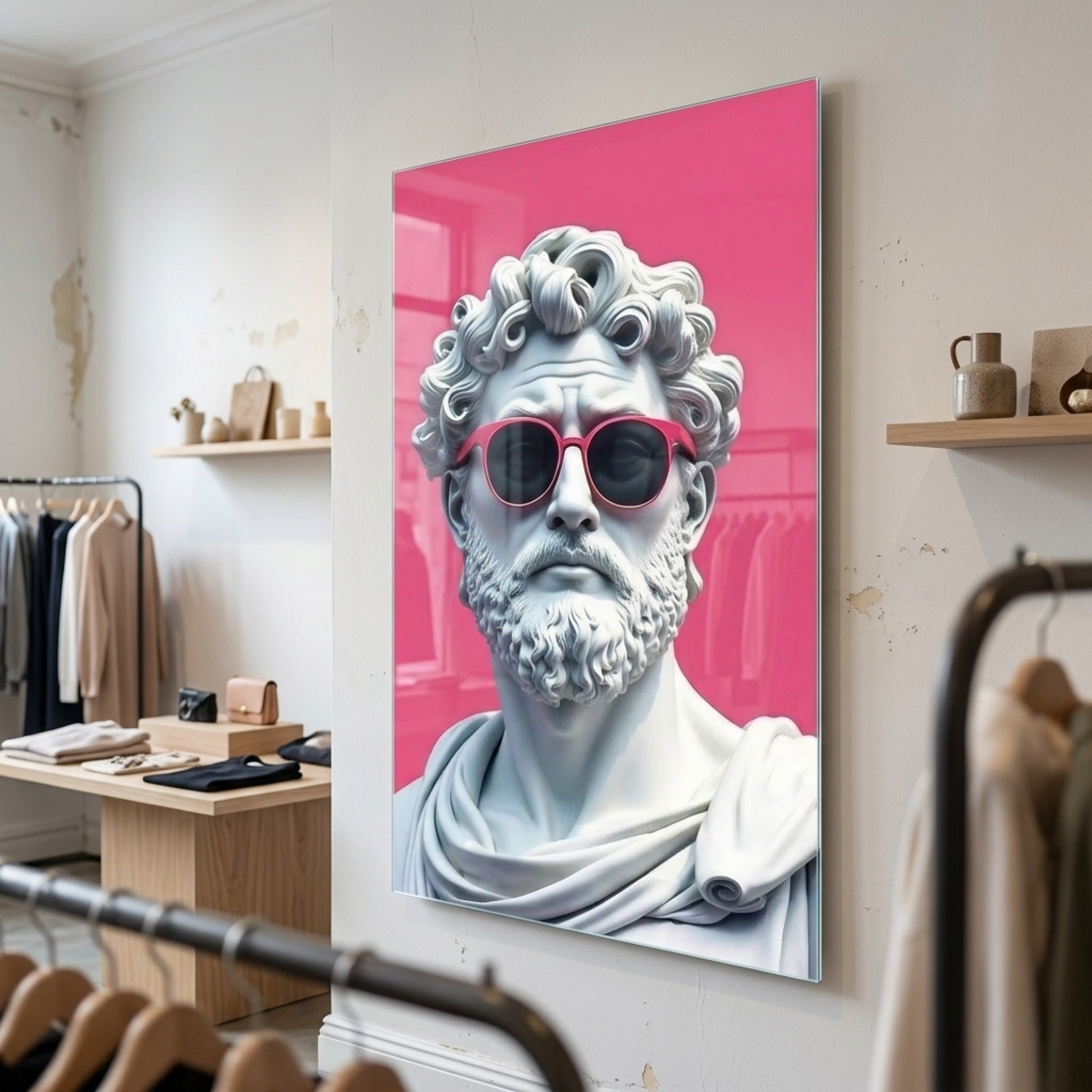 Modern Pembe Gözlüklü Klasik Heykel Dikey Cam Tablo