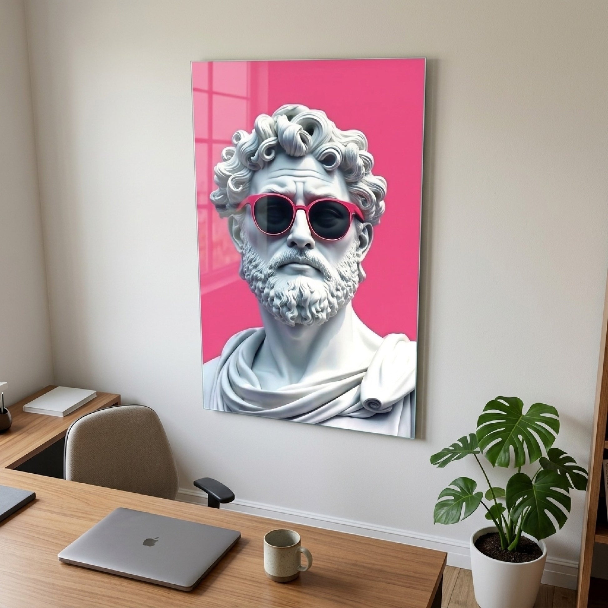 Modern Pembe Gözlüklü Klasik Heykel Dikey Cam Tablo