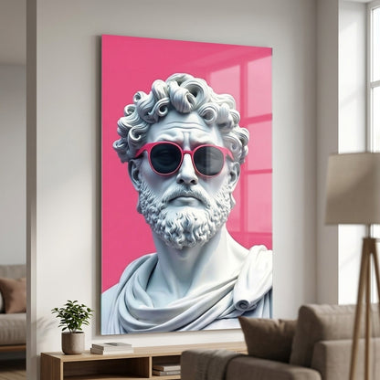 Modern Pembe Gözlüklü Klasik Heykel Dikey Cam Tablo