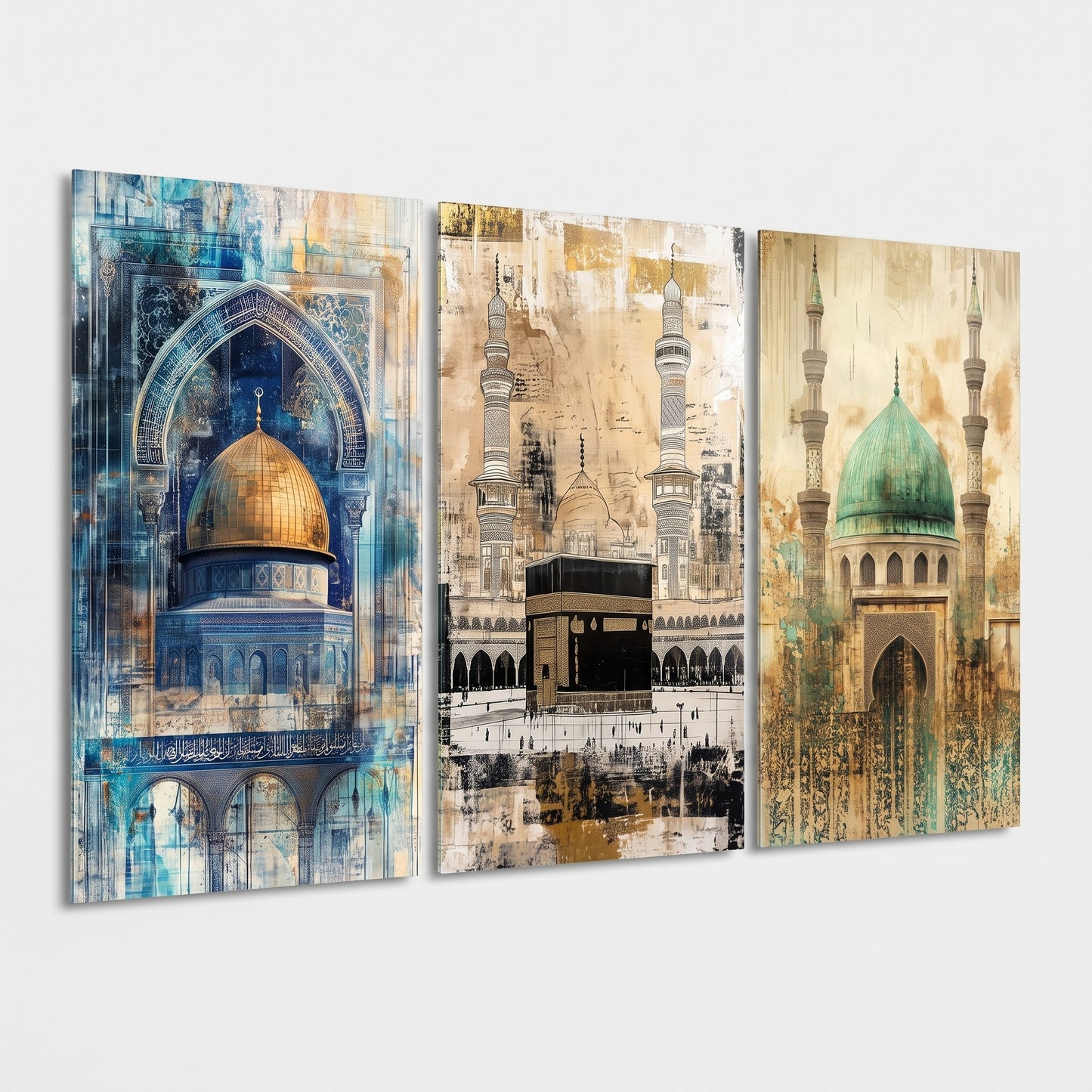 Kutsal Camii Soyut Sanat Seti Dikey 3'lü Set Cam Tablo