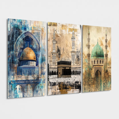 Kutsal Camii Soyut Sanat Seti Dikey 3'lü Set Cam Tablo