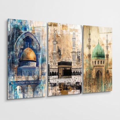 Kutsal Camii Soyut Sanat Seti Dikey 3'lü Set Cam Tablo