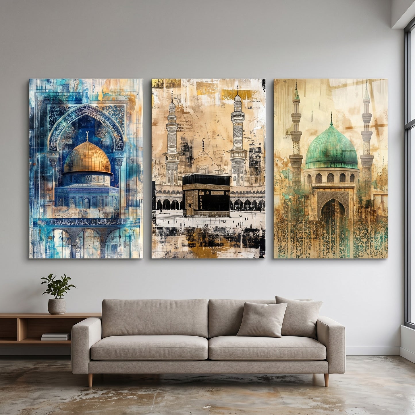 Kutsal Camii Soyut Sanat Seti Dikey 3'lü Set Cam Tablo