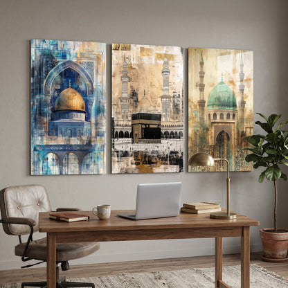 Kutsal Camii Soyut Sanat Seti Dikey 3'lü Set Cam Tablo