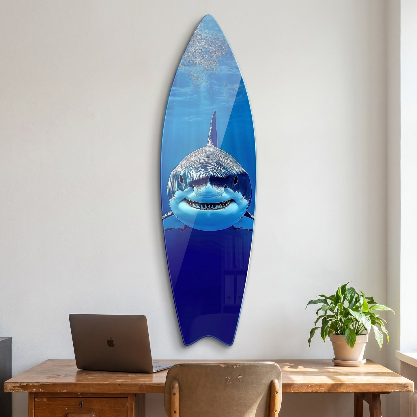 Derin Mavi Büyük Beyaz Köpekbalığı Sanatsal Surf Board Cam Tablo