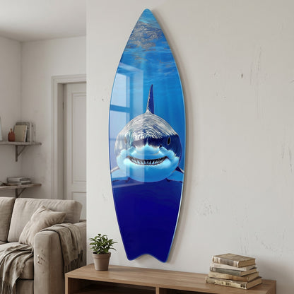 Derin Mavi Büyük Beyaz Köpekbalığı Sanatsal Surf Board Cam Tablo