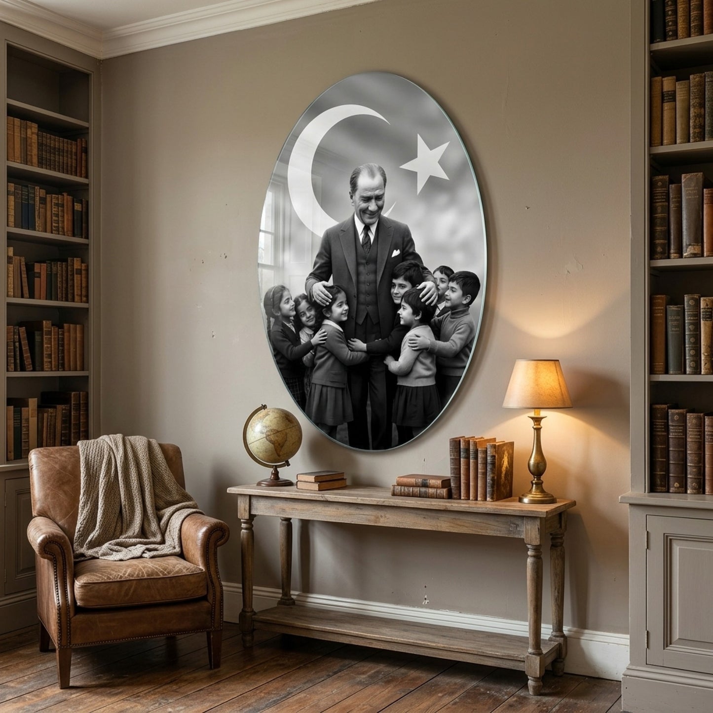 Atatürk Çocuklarla Ay Yıldız Fonlu Siyah Beyaz Oval Dikey Cam Tablo